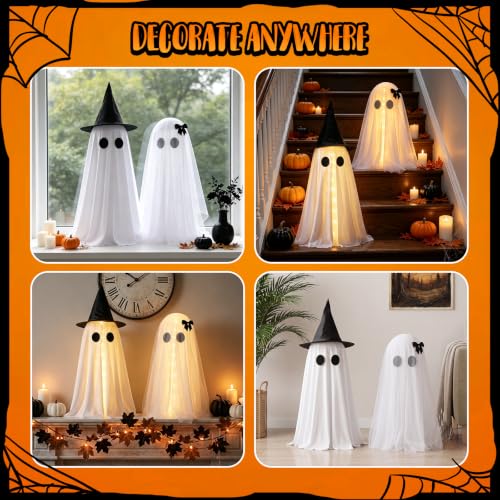 Light Up Halloween Ghost Decorations with Remote Control - 2 Pack Spooky Ghosts with Witch Hat & Veil
