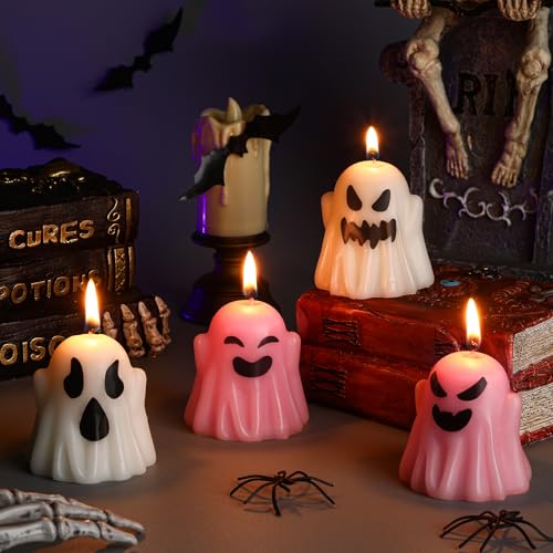 Halloween Ghost Candles Set - White & Pink Spooky Party Decor - Modern Style