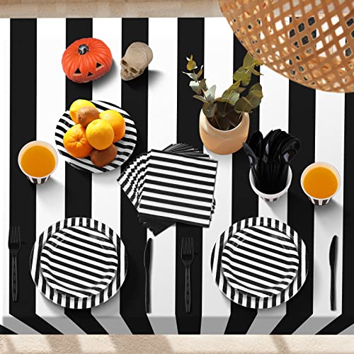 Black and White Striped Party Supplies Set - 113 Pieces for Halloween, Birthday, Wedding