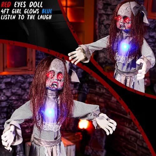 4ft Creepy Halloween Animatronic Doll - Spooky Talking Light-Up Eyes Prop with Sound & Movement - Doll Variation