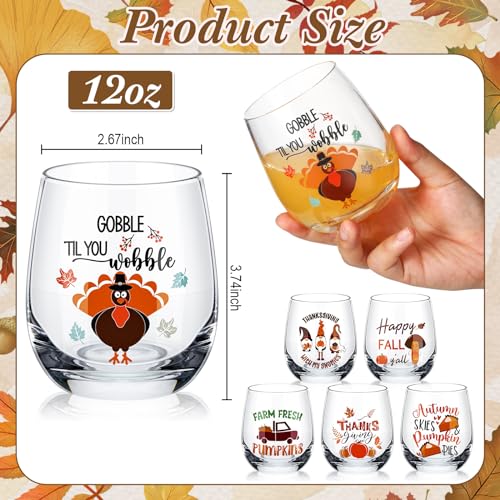 Fall Thanksgiving 12 oz Stemless Wine Glasses Set - 12 Pcs Festive Design