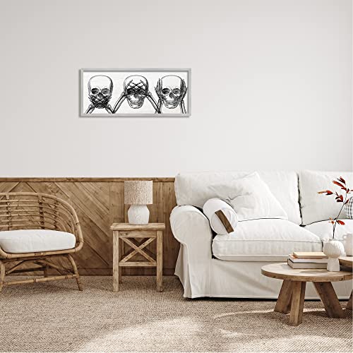 Speak See Hear No Evil Skulls Wall Art - 13x30 Inch Framed Giclée Print, Gray Variation