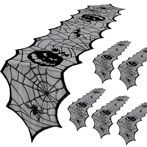Halloween Lace Table Runners 6 Pack - Black Spider Web & Pumpkin Design, 18x72 Inches, Durable & Easy Care