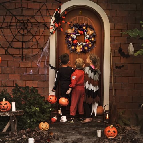 Halloween Wreath with Lights - Gothic Pumpkin Door Decor, 24 Inch