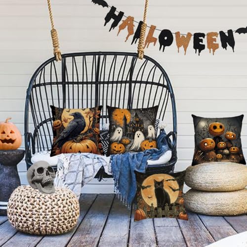 Halloween Pillow Covers Set of 4 20x20 Inch Velvet Ghost Pumpkin Cat Decor - Variation of THIS listing