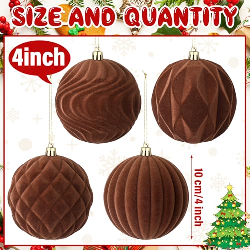 Blueweenly 4-Inch Brown Velvet Christmas Ball Ornaments - Pack of 4