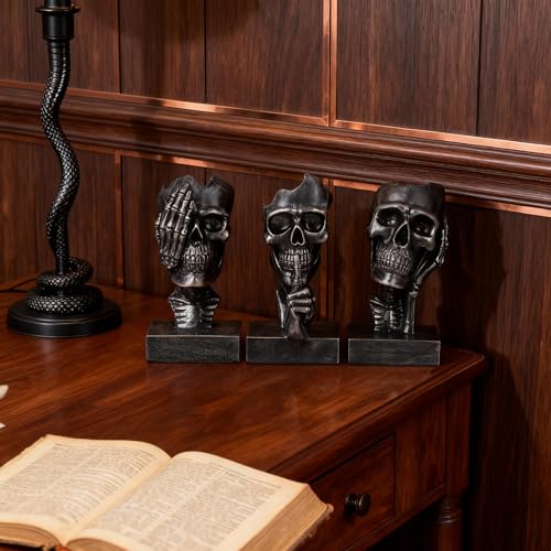 Halloween Skeleton Figurines Set - See No Evil, Hear No Speak No Evil Skeleton Statues in Black Gold - Gothic Home Decor