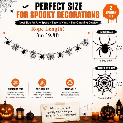 Halloween Spider Web Banner Garland - Felt Spiders & Webs, Indoor Outdoor Decorations