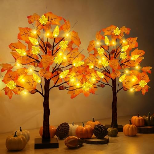 Classic Style 3 2 Pack 24-Inch Prelit Fall Maple Trees with LED Lights & Decorations