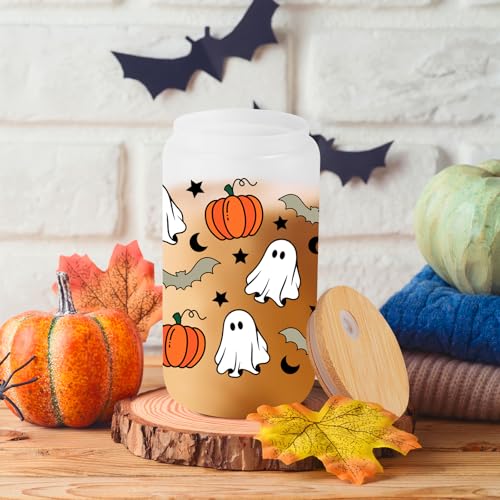 Halloween Pumpkin Ghost 16Oz Iced Coffee Glass Cups with Lids & Straws - Fall Spooky Gift Set