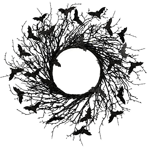 Halloween Black Twig Wreath with Glitter Bats - Handmade Front Door Decor - Black Variation