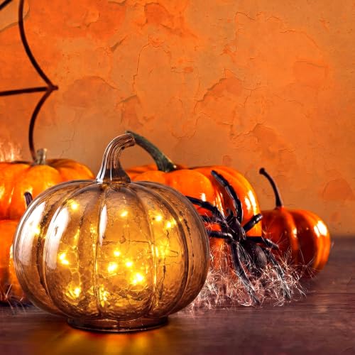 Glooglitter Mercury Glass Pumpkin Light LED Halloween Decor - Small Amber, Round