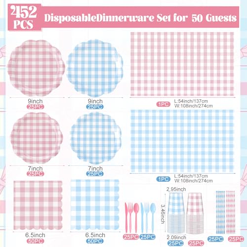 Pink and Blue Gingham Gender Reveal Party Supplies - 452 Pcs Baby Shower Decorations