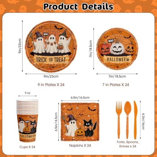Halloween Disposable Party Plate and Napkin Set - Ghost Pumpkin Design, Serves 24