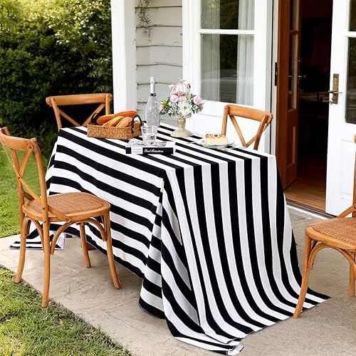 Black White Striped Rectangular Tablecloth 57x84 Inch Halloween Dining Decor - Variation of Black&White