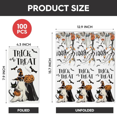 Halloween Paper Napkins 100 Pack - Jack-O-Lantern Ghost Bats Cat 4.3x7.9 Inches
