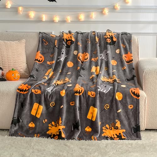 Halloween Throw Blanket with Spooky Pumpkin Bat Ghost Spider Print - Grey 50x60 Inches - Cozy Fuzzy Fleece for Couch Bed Decorations - Variation: 03 Halloween Grey / Throw-50x60