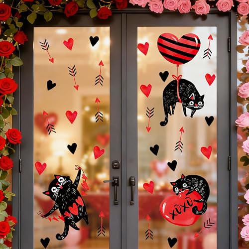 Valentine's Day Cat Window Stickers - Heart Black Cat Wall Decals - Style 20