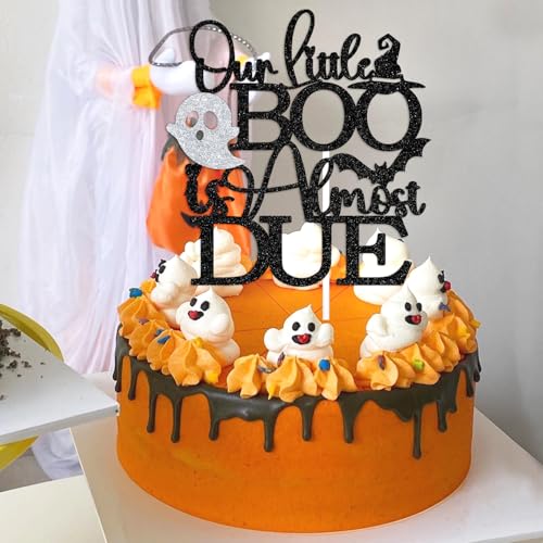 Halloween Baby Shower Cake Topper - Our Little Boo Spooky Decor, Black Glitter