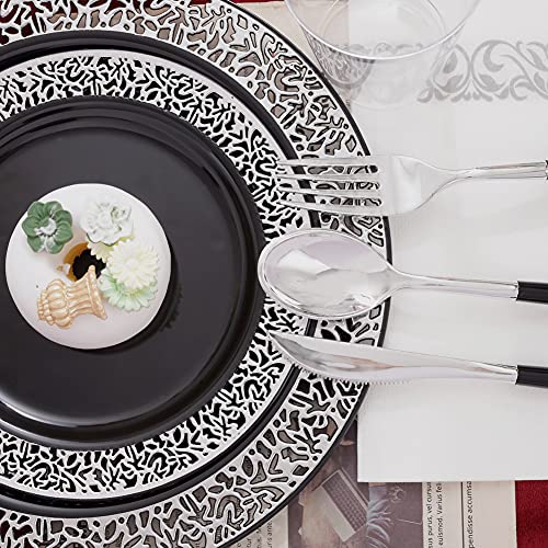 Black Silver Lace Plastic Dinnerware Set for Wedding and Events - 350 Pieces, Variation: Black and Silver