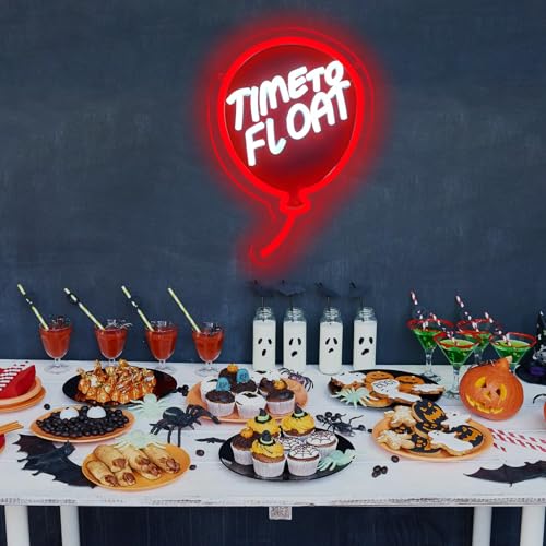 Neon Sign Wall Decor - 'Time to Float' Creepy Clown & Red Balloon, Dimmable Acrylic Light, Halloween Horror Gift - Variation: Red IT FLOAT