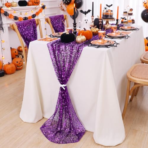 Dark Purple 10FT Sequin Table Runner for Halloween Party Decor - QueenDream