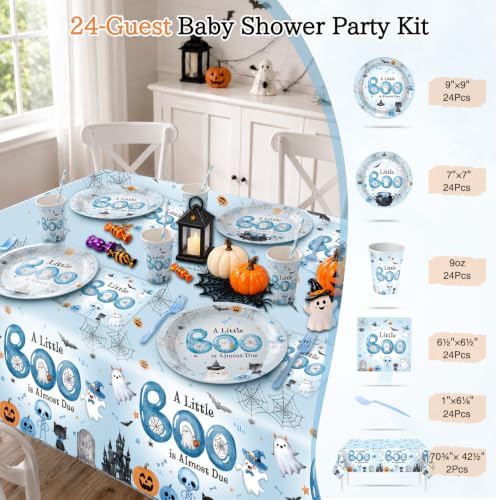 Blue Halloween Baby Shower Decorations 296Pcs All-In-One Party Set for 24 Guests