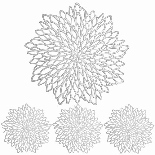 Silver Flower Placemats Set of 4 - Elegant Vinyl Table Mats for Dining & Events