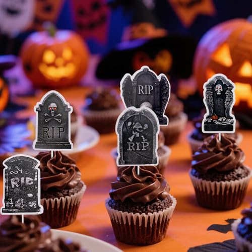 Halloween Cupcake Toppers Set with Tombstone Food Picks & Decorations