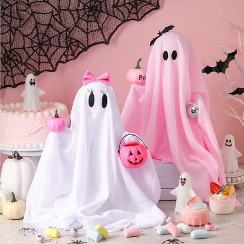 Pink Halloween Ghost Decorations - 12in Girlie Pumpkin Ghost Figurines, Set of 2