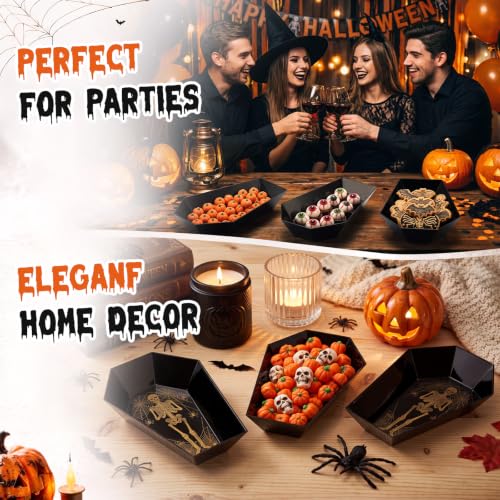 Halloween Candy Bowls Set - 24 Black Coffin-Shaped Plastic Trays with Skeleton & Spiderweb Details - Variation: Skeleton Coffin / Black / 24