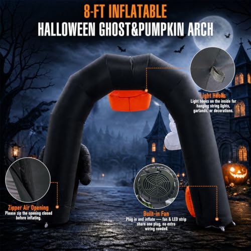 8FT Halloween Inflatable Archway with Ghosts Pumpkins & LED Lights - Yard Decor