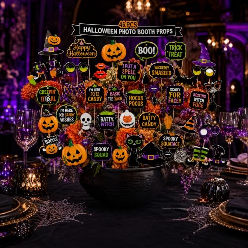 Halloween Photo Booth Props Kit - 30PCS with Stickers & Glue Dots - Pumpkin, Witch Hat, Skull, Bat, Spider - 46 Variation