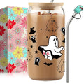 16oz Halloween Ghost Glass Cups with Lids & Straws - Cute Ghost Pattern, Gift Box Included