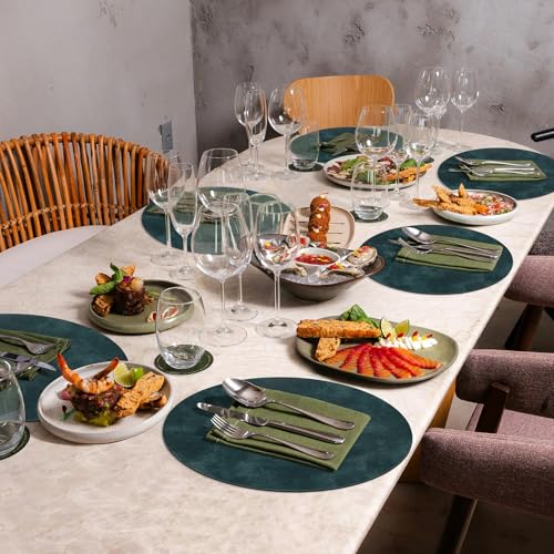 Round Heat Resistant Placemats Set of 12 - Waterproof Faux Leather, Dark Blue