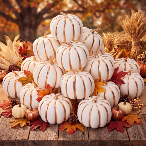 Artificial Pumpkins Fall Decor Foam 4 Inch - White & Gold, 24 Pack
