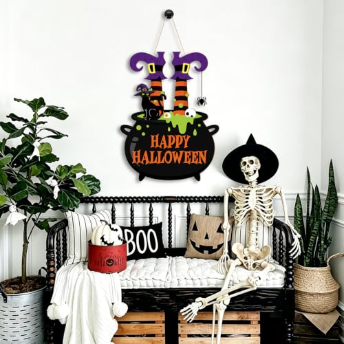 Large Black Halloween Wooden Door Wreath - Happy Halloween Sign for Front Door & Wall Decor
