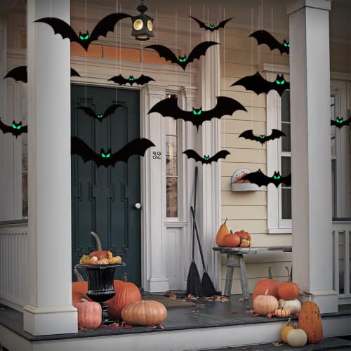 15 PCS Halloween Hanging Bat Decorations Outdoor with Glowing Eyes - Spooky Yard Decor
