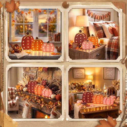 Pink Wooden Pumpkin Decor with LED Lights - Fall Halloween Thanksgiving Centerpiece