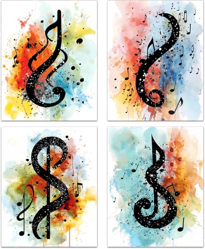 Unframed Music Notes Wall Art Set - 4 Pieces 8x10 Inches - Music Wall Decor