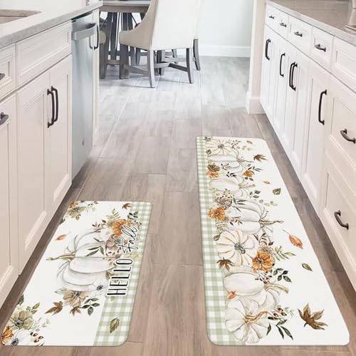 Autumn Kitchen Rugs Set of 2 - Non-Slip Watercolor Pumpkins & Floral Mats