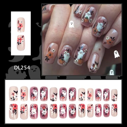 Halloween Ghost Press On Nails Medium Square Set - Cute Ghost Flower Pumpkin Design, Reusable 24Pcs for Women & Men