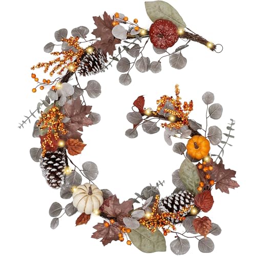 Fall Maple Leaves Garland with Pumpkins and LED Lights - 6ft Autumn Decor