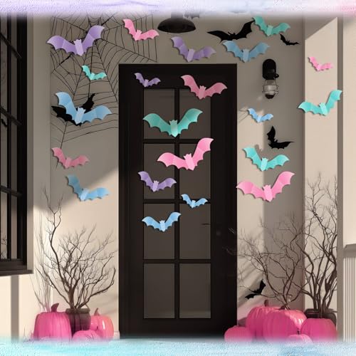 Pastel Halloween Bat Wall Decor Set - 64 Waterproof PVC Bats for Indoor & Outdoor Use
