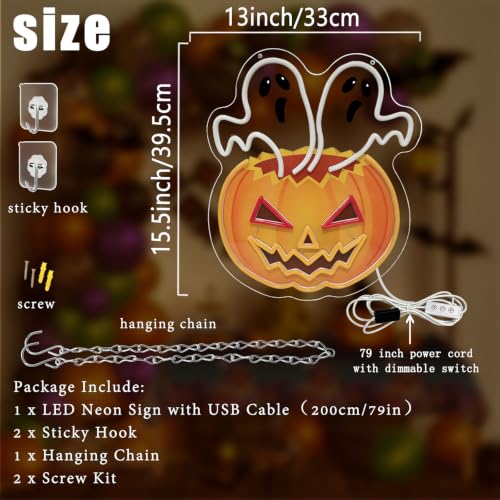 Halloween Waving Ghost Pumpkin Neon Sign - Multicolor Dimmable & Flashing