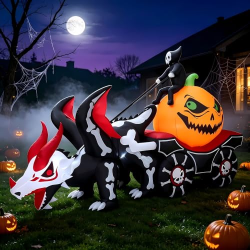 9 FT Halloween Inflatable Pumpkin Carriage with Grim Reaper & LED Lights