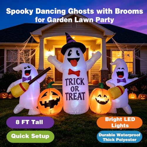 8FT Halloween Inflatable Ghosts with Broom & Pumpkins LED Yard Decor - Black & White