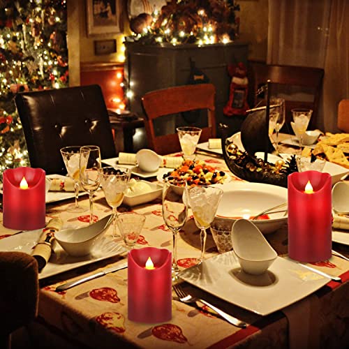 Red Flickering LED Candles Set of 3 - Real Wax Flameless Pillars with Remote & Timer