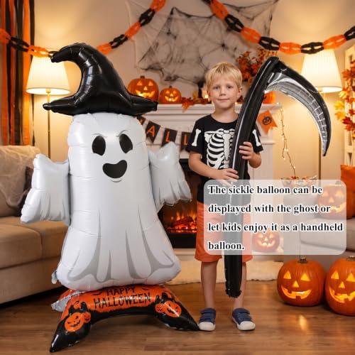 Halloween Ghost Foil Balloon - 43.3 Inches Self-Standing Ghost with Base & Scythe
