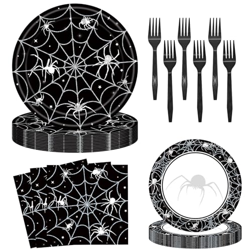 Halloween Spider Web Disposable Dinnerware Set - Black, Serves 24, Party Supplies